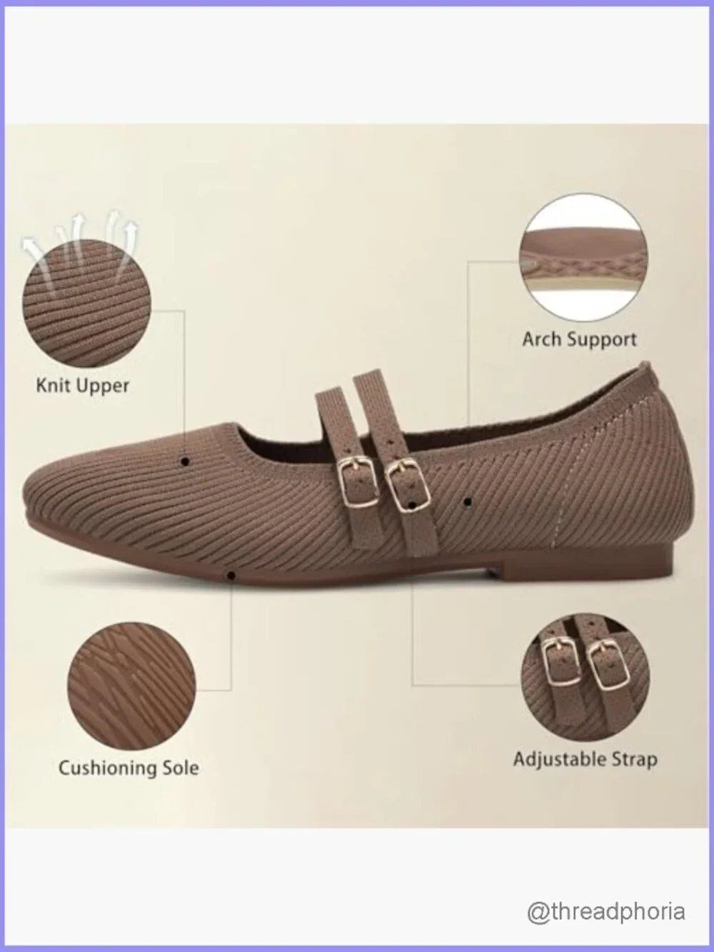 Square Toe Mary Jane Flats with Adjustable Strap Comfortable Slip On Knit Shoes